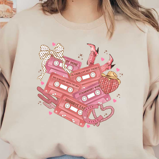 A vibrant illustration featuring colorful cassette tapes with playful titles, adorned with cowboy boots, hearts, and western-themed elements.DTF Transfers