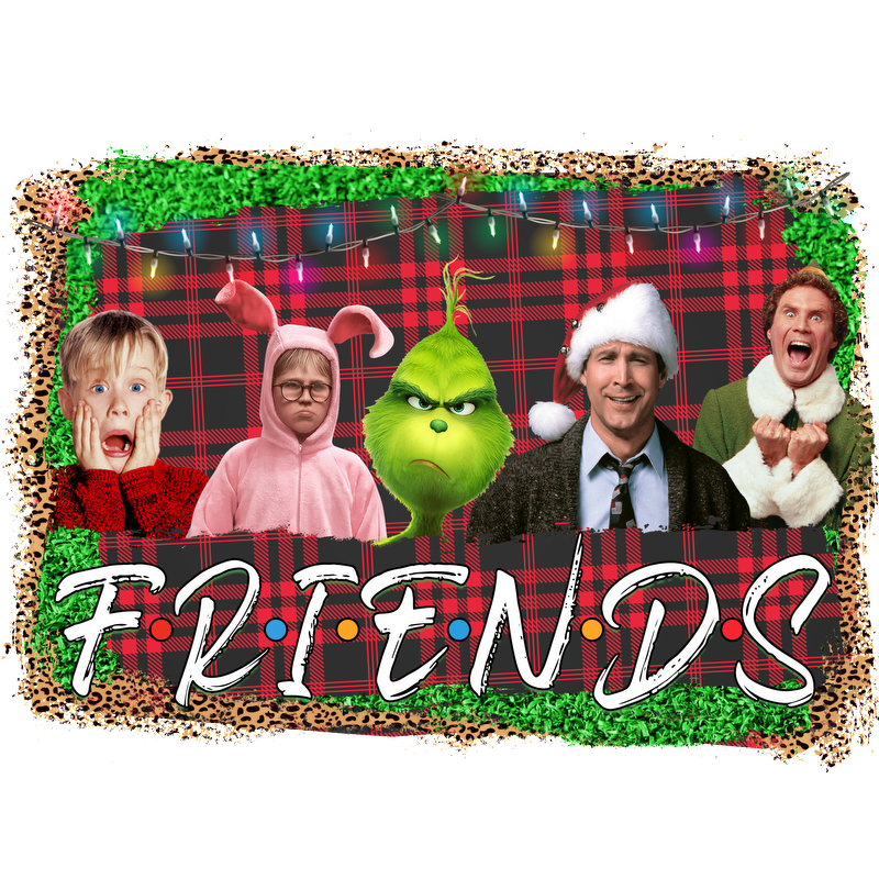 A festive gathering featuring characters in holiday attire, including the Grinch, surrounded by Christmas lights and a cheerful "FRIENDS" banner.DTF Transfersdtf regular iron dtf transfers