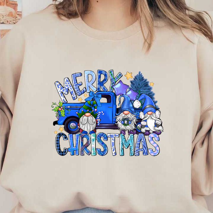 Celebrate the season with this cheerful "Merry Christmas" design featuring a festive blue truck and playful gnomes!DTF Transfers dtf prints