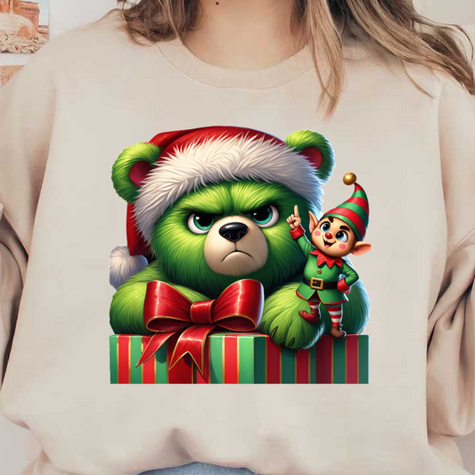 An adorable, green teddy bear wearing a Santa hat scowls beside a happy little elf, all set against Christmas gifts.DTF Transfersdtf regular iron