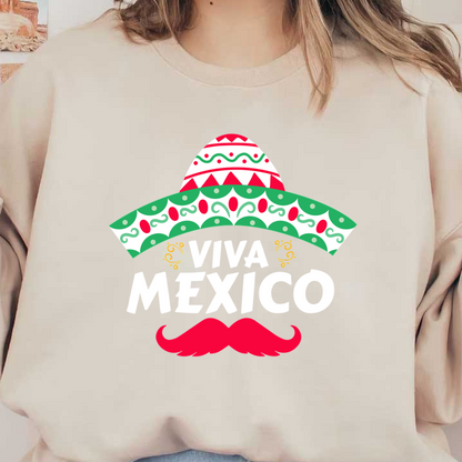 Colorful graphic featuring a traditional sombrero and a cheerful "Viva Mexico" slogan, highlighted with festive designs and a playful mustache. heat press transfers