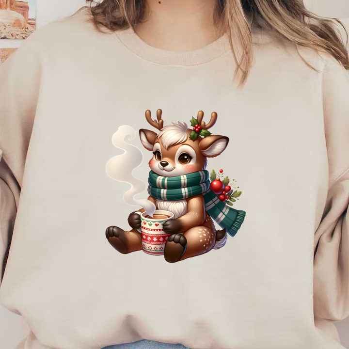 A cute cartoon deer wearing a festive green scarf, holding a decorated mug of steaming hot cocoa, adorned with holiday details. dtf transfers