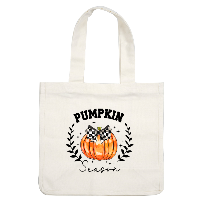 A vibrant orange pumpkin adorned with a stylish black and white checkered bow, perfect for autumn decorations. heat press transfers