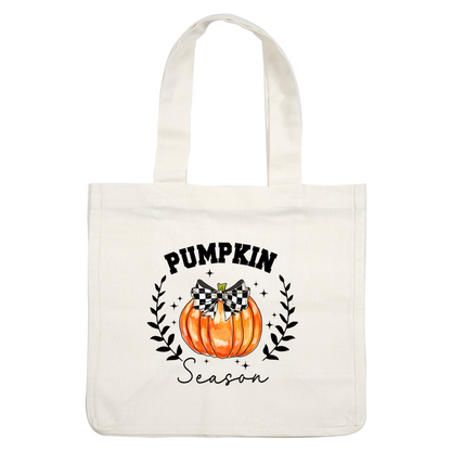 A vibrant orange pumpkin adorned with a stylish black and white checkered bow, perfect for autumn decorations. heat press transfers