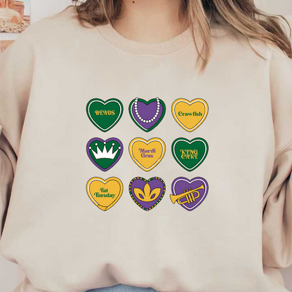 A vibrant collection of heart-shaped stickers featuring Mardi Gras themes, including "Beads," "Crawfish," "Mardi Gras," and "King Cake."DTF Transfers