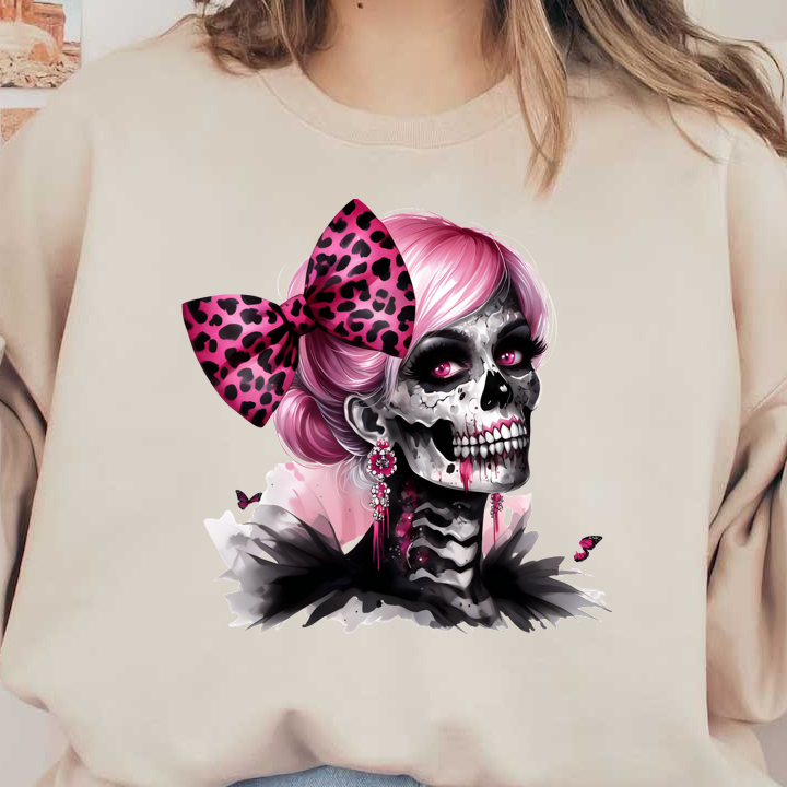 Una llamativa figura esquelética con cabello rosa vibrante, adornada con un lazo con estampado de leopardo y aretes glamorosos, exuda un encanto inquietante.