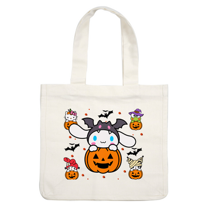 A cheerful Halloween scene featuring adorable characters with pumpkin decorations, showcasing playful costumes and festive elements.DTF Transfers dtf prints