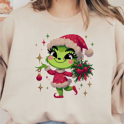 This festive green character sports a red Christmas outfit with a fluffy white trim, holding a wreath and ornament.DTF Transfers