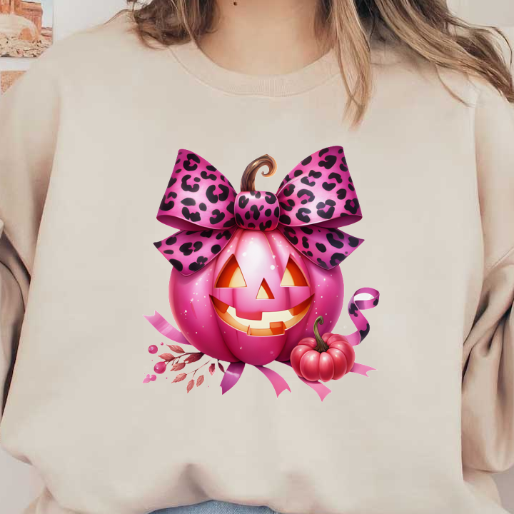 Una linda calabaza rosa con un lazo de estampado de leopardo y una cara sonriente, rodeada de calabazas más pequeñas y elementos decorativos.