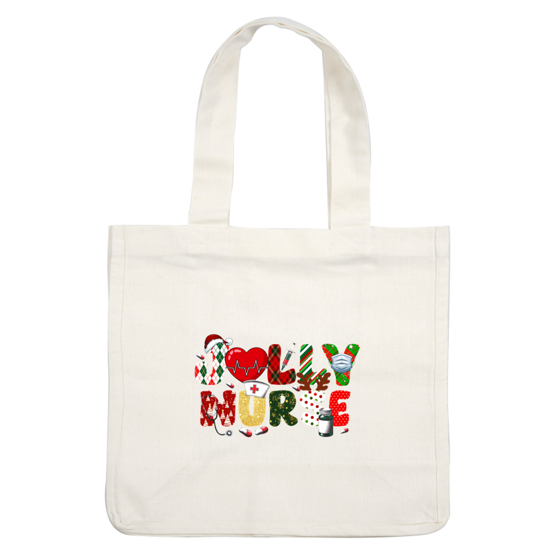 Festive "Jolly Nurse" design featuring vibrant letters adorned with Christmas-themed patterns, medical symbols, and cheerful holiday elements.DTF Transfers