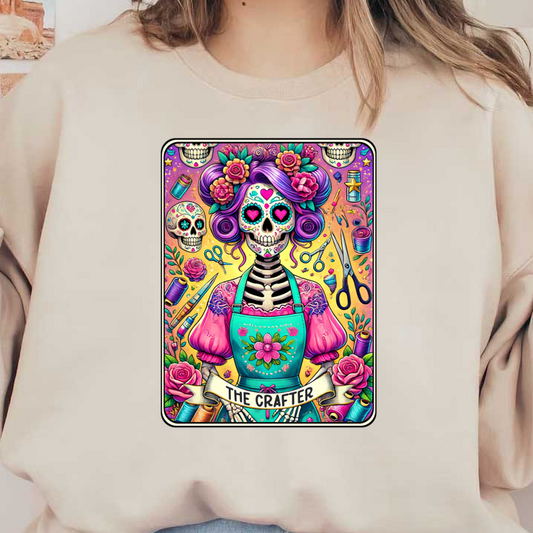 A vibrant illustration of a skeleton woman, adorned with flowers and crafting tools, celebrating creativity and the spirit of crafting. dtf prints