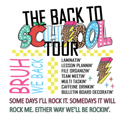 A vibrant graphic design celebrating back-to-school vibes with playful text and colorful patterns, perfect for a spirited school year!DTF Transfers