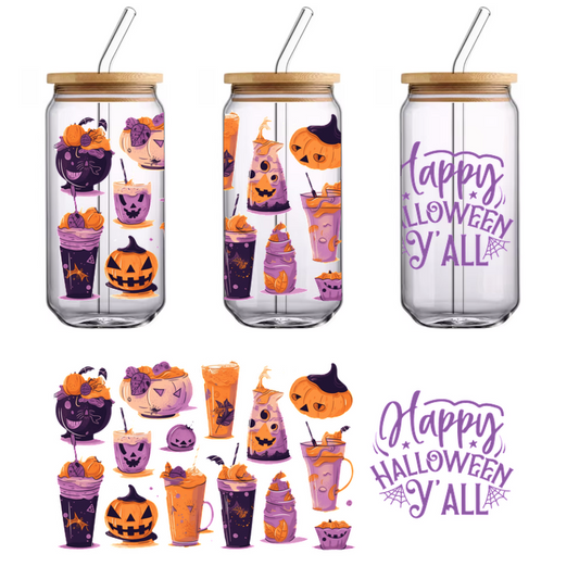 A festive collection of Halloween-themed drinks and desserts, featuring fun colors and spooky designs, perfect for the season!UV Transfers heat press transfers