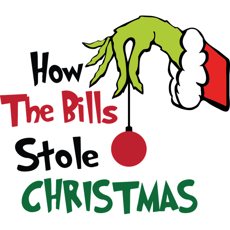 A festive and playful design featuring the phrase "How The Bills Stole Christmas," with a whimsical green hand and holiday colors.DTF Transfers dtf prints