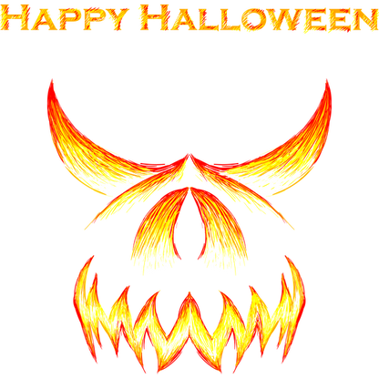 A fiery, Halloween-themed graphic featuring ominous horns and an evil grin, topped with “Happy Halloween” in bold letters.dtf regular iron