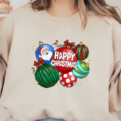 A cheerful illustration featuring colorful Christmas ornaments, a jolly Santa, and the festive text "Happy Christmas" surrounded by stars and candy canes.DTF Transfers dtf prints