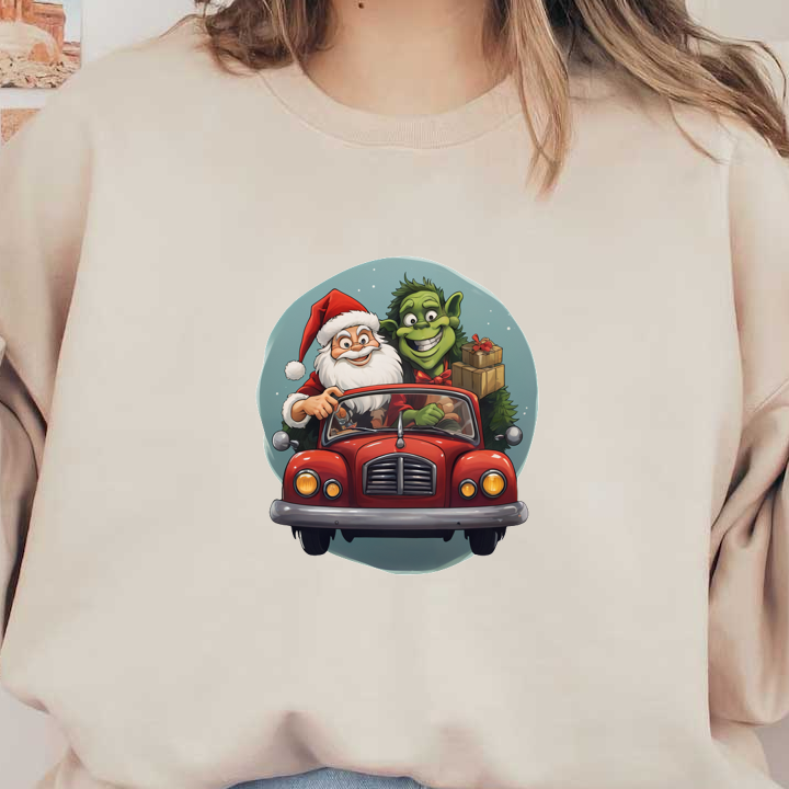 Santa Claus and a cheerful green creature drive a classic red car, spreading holiday joy with presents in tow.DTF Transfers dtf prints