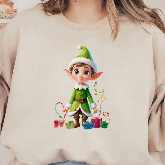 A cheerful cartoon elf in a green outfit with a festive hat, surrounded by colorful wrapped presents and playful streamers.DTF Transfers heat press transfers