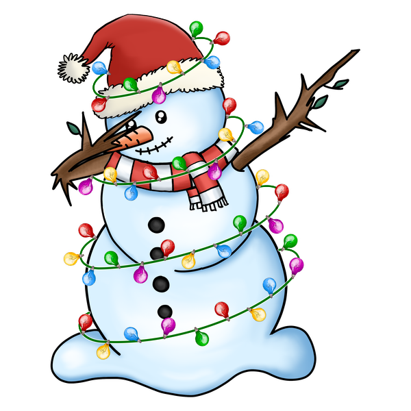 Festively decorated, this charming snowman in a Santa hat is wrapped in colorful lights, spreading holiday cheer! dtf prints