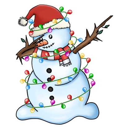 Festively decorated, this charming snowman in a Santa hat is wrapped in colorful lights, spreading holiday cheer! dtf prints