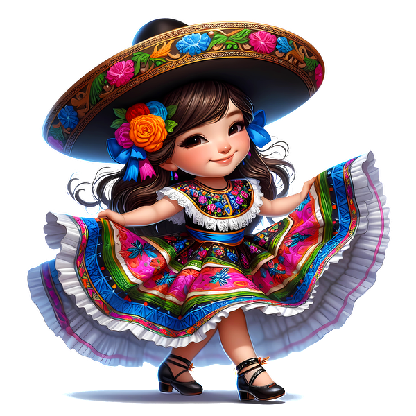 A charming young girl in a vibrant traditional Mexican dress and sombrero, showcasing colorful floral patterns and joyful spirit. dtf transfers