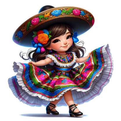 A charming young girl in a vibrant traditional Mexican dress and sombrero, showcasing colorful floral patterns and joyful spirit. dtf transfers