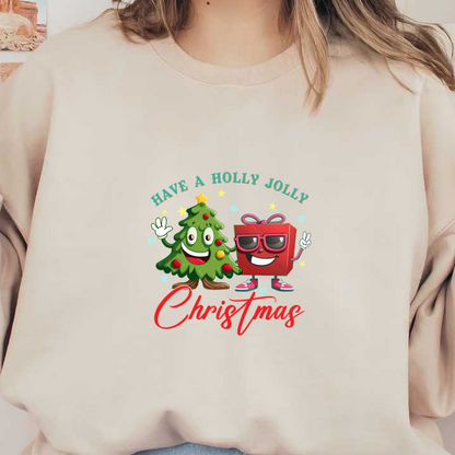 Celebrate with a cheerful cartoon Christmas tree and gift, complete with festive text wishing a "Holly Jolly Christmas!"dtf regular iron