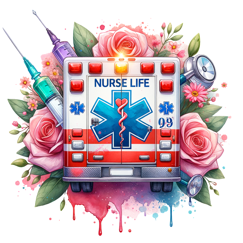 A vibrant illustration of an ambulance surrounded by roses and medical tools, celebrating the theme of "Nurse Life."DTF Transfers