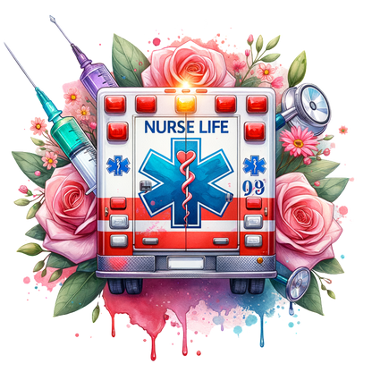 A vibrant illustration of an ambulance surrounded by roses and medical tools, celebrating the theme of "Nurse Life."DTF Transfers