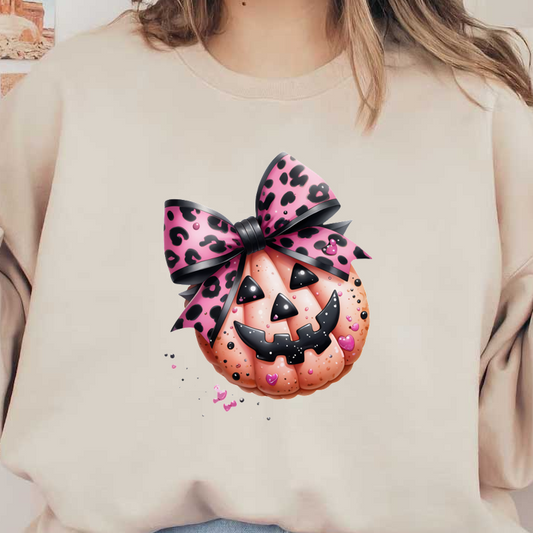 Una linda calabaza de Halloween con estilo caricaturesco que presenta un lazo con estampado de leopardo, una expresión divertida y detalles en forma de corazón.