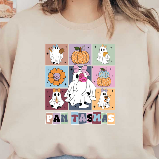 Una cuadrícula colorida de lindas ilustraciones de fantasmas, que presenta temas divertidos como comida y elementos de temporada, con el texto "PANTASMAS" en la parte inferior.