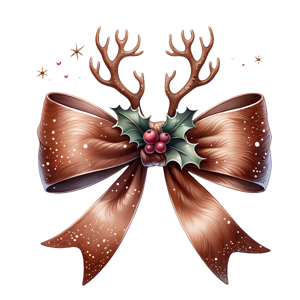 A festive brown ribbon adorned with antlers, holly leaves, and berries, perfect for Christmas decorations. dtf transfers dtf transfers