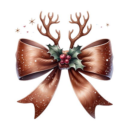 A festive brown ribbon adorned with antlers, holly leaves, and berries, perfect for Christmas decorations. dtf transfers dtf transfers