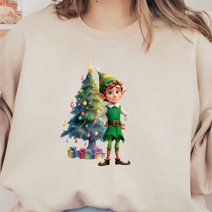 Cheerful Elf with DTF Transfers Beside Christmas Tree | MakeDTF