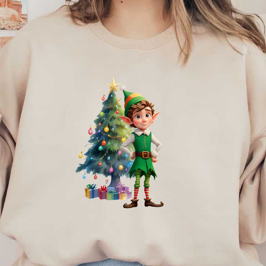 A cheerful young elf stands beside a decorated Christmas tree, surrounded by colorful gifts and twinkling lights.DTF Transfers heat press transfers