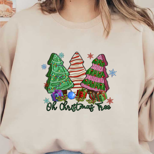 Festive illustration featuring colorful Christmas trees adorned with lights and ornaments, surrounded by presents and winter decorations.DTF Transfers heat press transfers