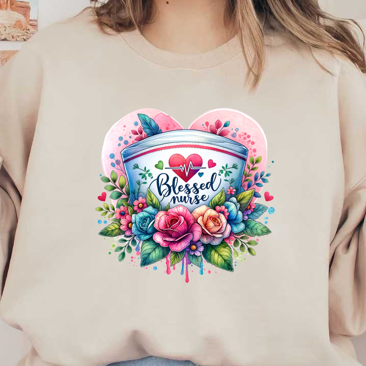 A vibrant illustration featuring a nurse's cap adorned with colorful flowers and the phrase "Blessed Nurse" surrounded by hearts and leaves.DTF Transfers