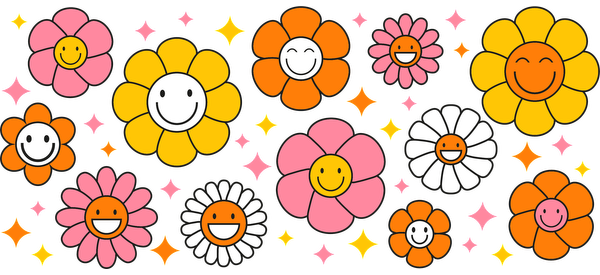 A cheerful collection of colorful flowers featuring smiling faces and sparkling accents!UV Transfers
