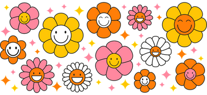 A cheerful collection of colorful flowers featuring smiling faces and sparkling accents!UV Transfers