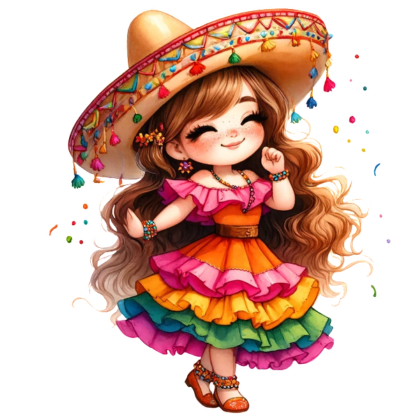 A cheerful girl in a colorful, layered dress and a vibrant sombrero, exuding joy and cultural charm. heat press transfers