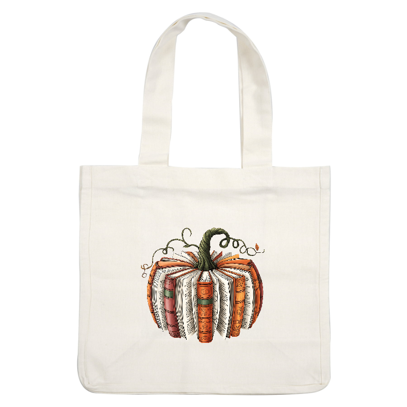 A creative pumpkin made of colorful books, featuring a leafy vine on top.DTF Transfers