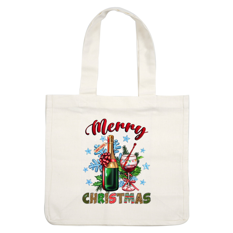 Festive Christmas design featuring a champagne bottle, a cocktail glass, and holiday decorations with a cheerful message. dtf prints