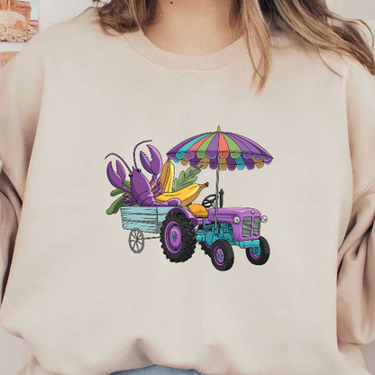 A colorful cartoon tractor hauling vibrant fruits and vegetables, topped with an eye-catching striped umbrella for a lively touch.DTF Transfers