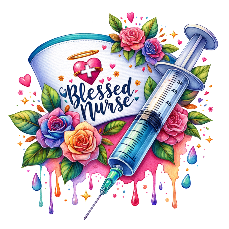 A vibrant and artistic illustration featuring a syringe, colorful roses, and the words "Blessed Nurse," celebrating healthcare heroes.DTF Transfers