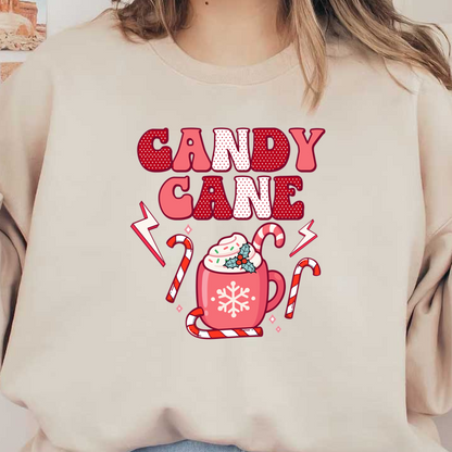 Festive "Candy Cane" design featuring a cheerful mug with whipped cream, holly, and playful candy canes, perfect for holiday cheer! dtf transfers