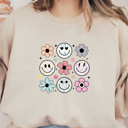 A vibrant collection of cheerful smiley faces and colorful flowers, each adorned with unique floral patterns and playful designs. heat press transfers