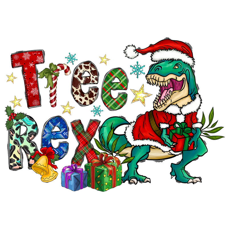 A festive and playful design featuring a dinosaur in a Santa hat, surrounded by colorful letters, gifts, and holiday decorations.DTF Transfers heat press transfers