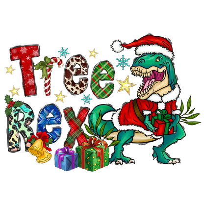 A festive and playful design featuring a dinosaur in a Santa hat, surrounded by colorful letters, gifts, and holiday decorations.DTF Transfers heat press transfers