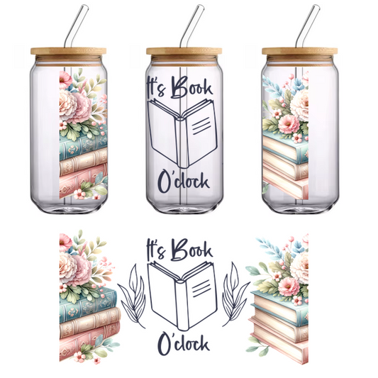 Vintage books with floral designs and the words "Its books clock" are displayed on a black background.UV Transfers