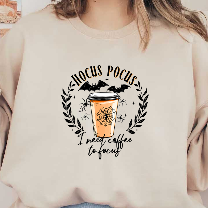 A whimsical autumn-themed coffee cup featuring a spider web design, bats, and the phrase "Hocus Pocus." heat press transfers